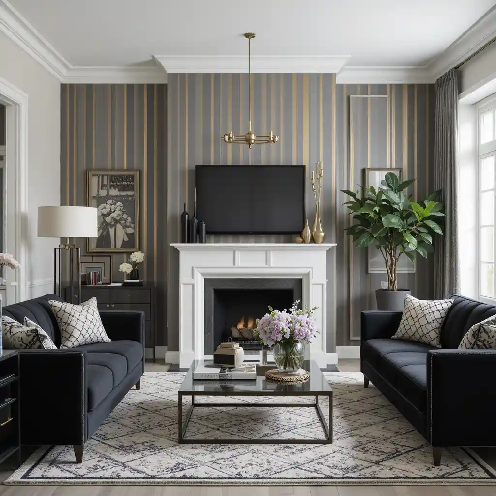 Grey and Gold Striped Wallpaper with Black Accents