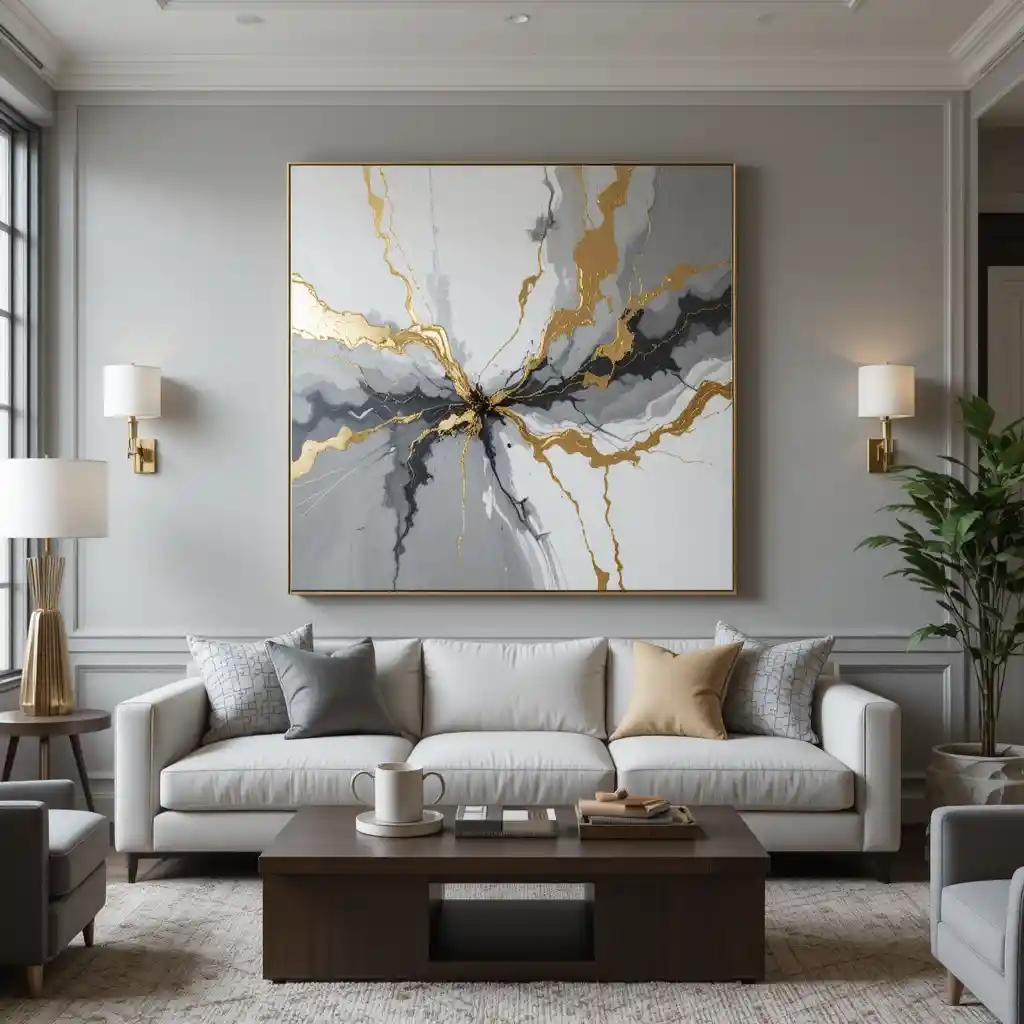 Grey and White Abstract Art with Gold Leaf Accents