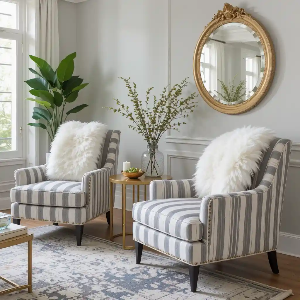 Grey and White Striped Accent Chairs