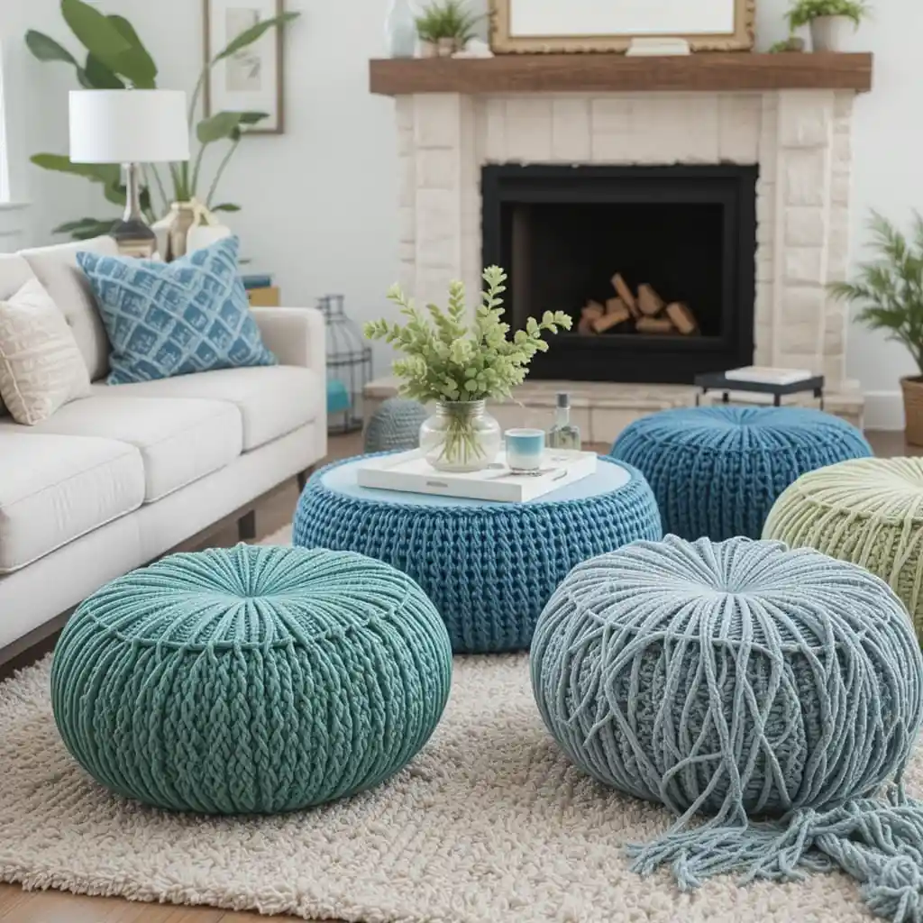 Handwoven Blue and Green Poufs for Casual Seating