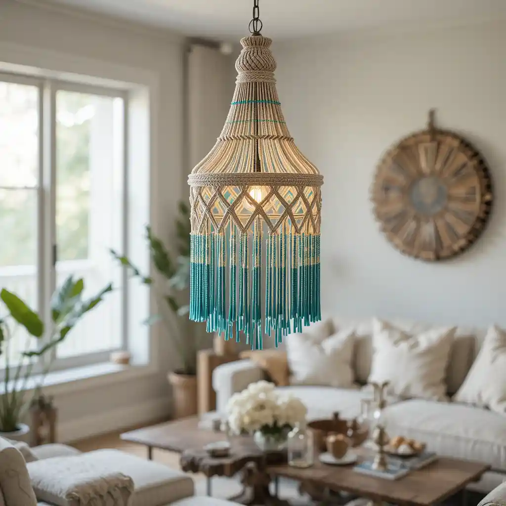 Handwoven Macramé Light Fixture with Aqua Beads