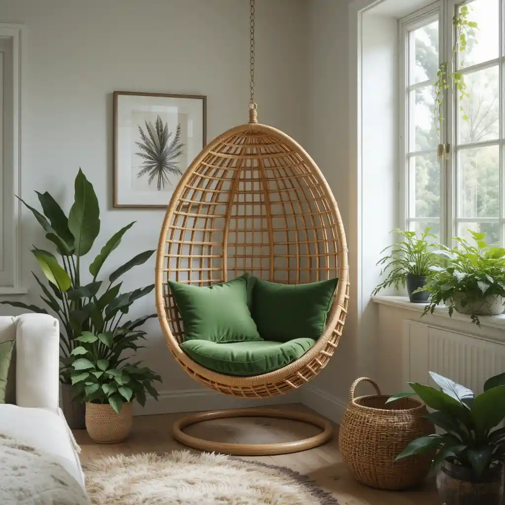 Hanging Egg Chair with Green Velvet Cushions