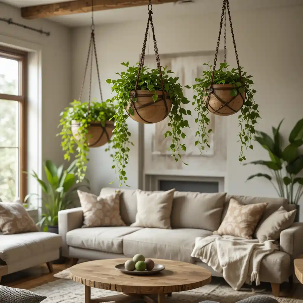 Hanging Wooden Planters with Green Vines