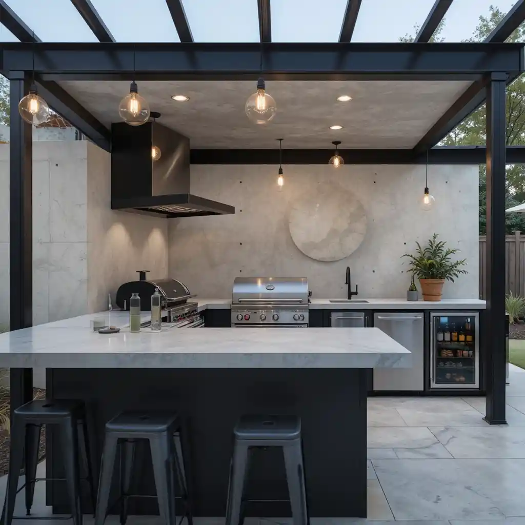 Industrial Outdoor Kitchen with Concrete Countertops