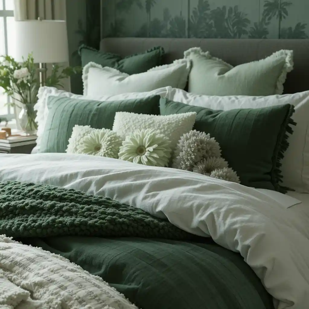 Layered Green Bedding with Fluffy Pillows