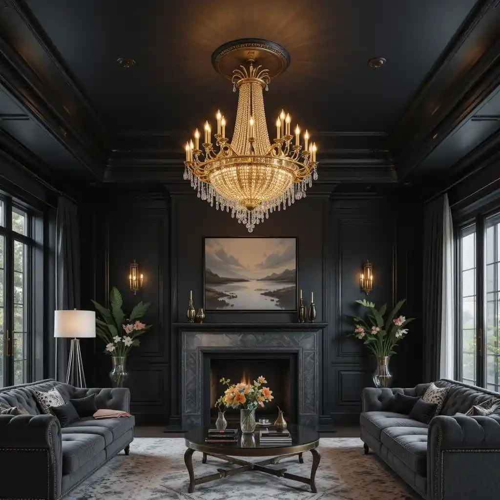 Matte Black Ceiling with Gold Chandelier