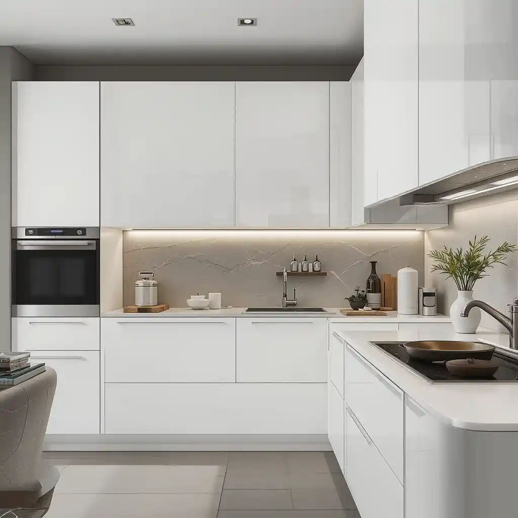 Minimalist White Cabinets with No Handles