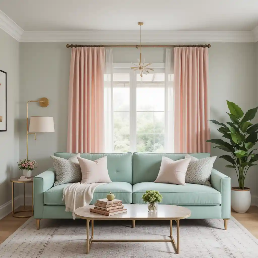 Mint Green Sofa with Blush Pink Curtains