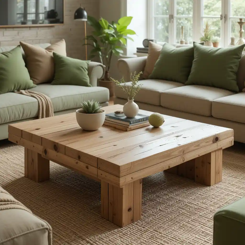 Natural Wood Coffee Table with Green Cushions