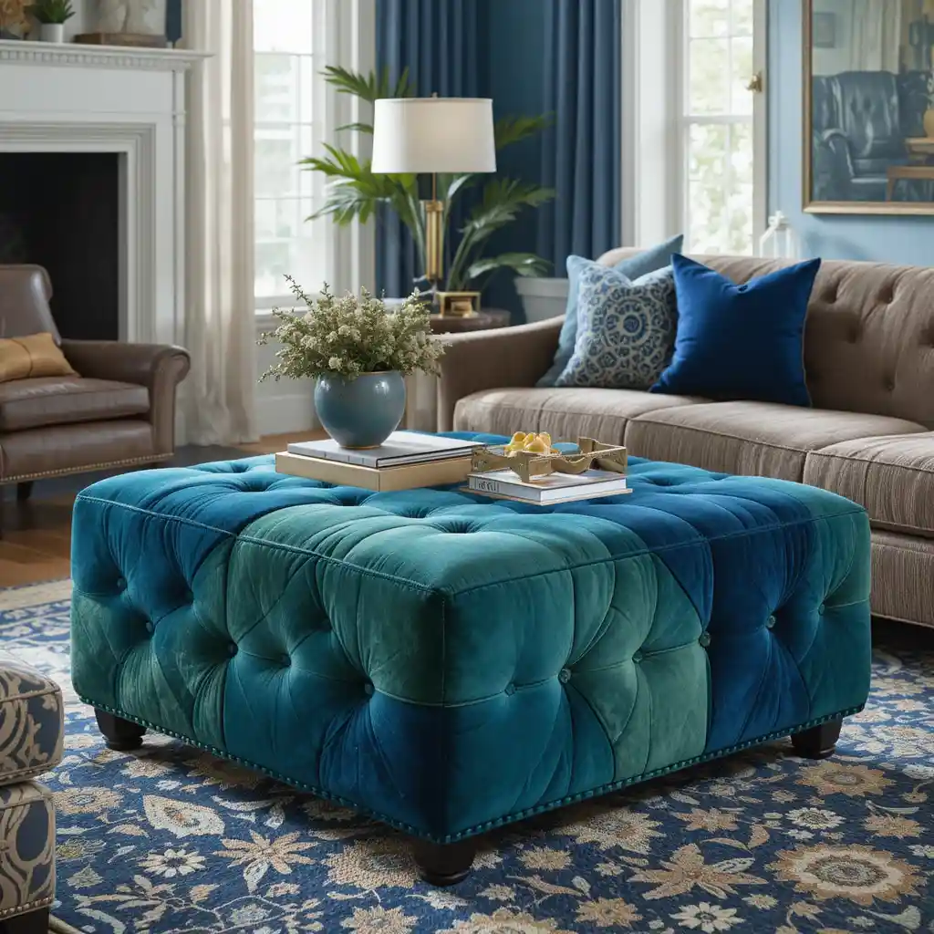 Navy Blue and Green Velvet Patchwork Ottoman