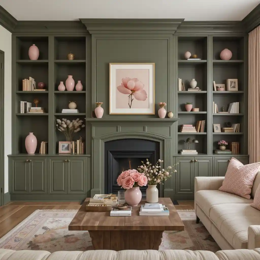 Olive Green Built-Ins with Rose Pink Accessories