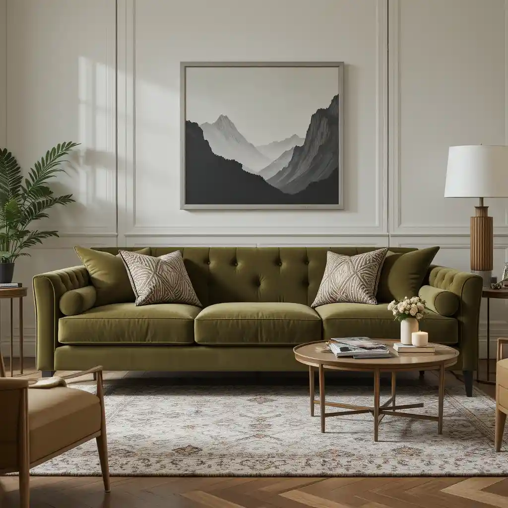 Olive Green Velvet Sofa with Wooden Legs