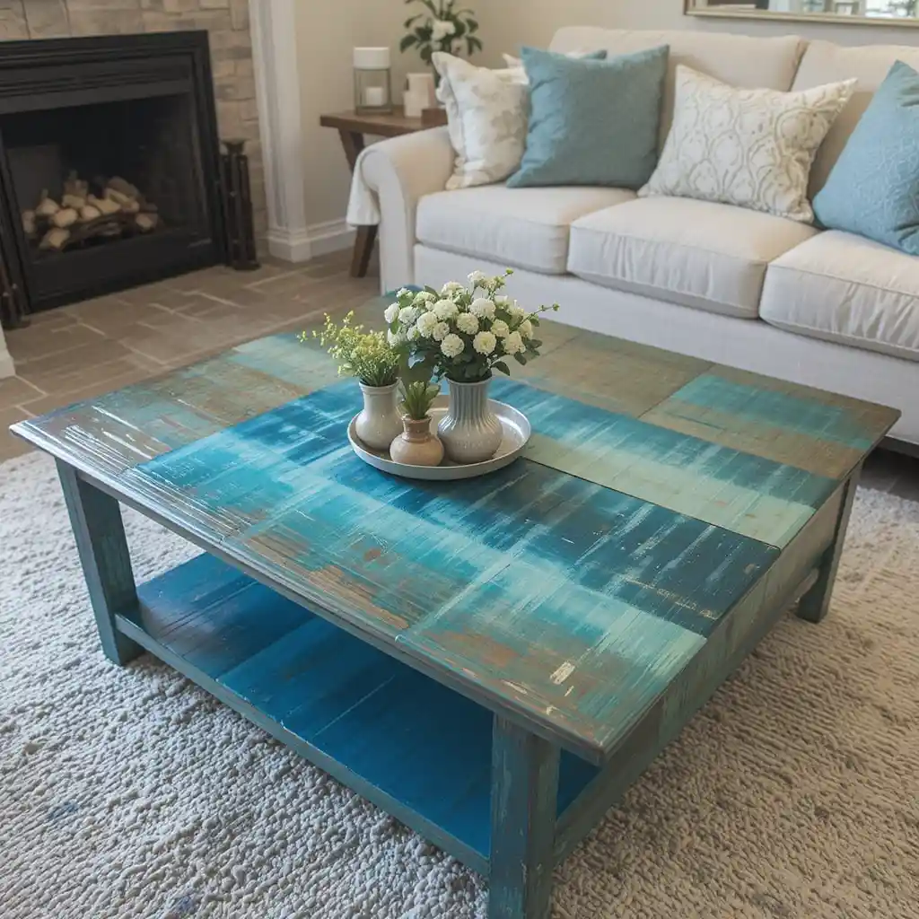 Ombre Painted Wooden Coffee Table in Shades of Blue and Green
