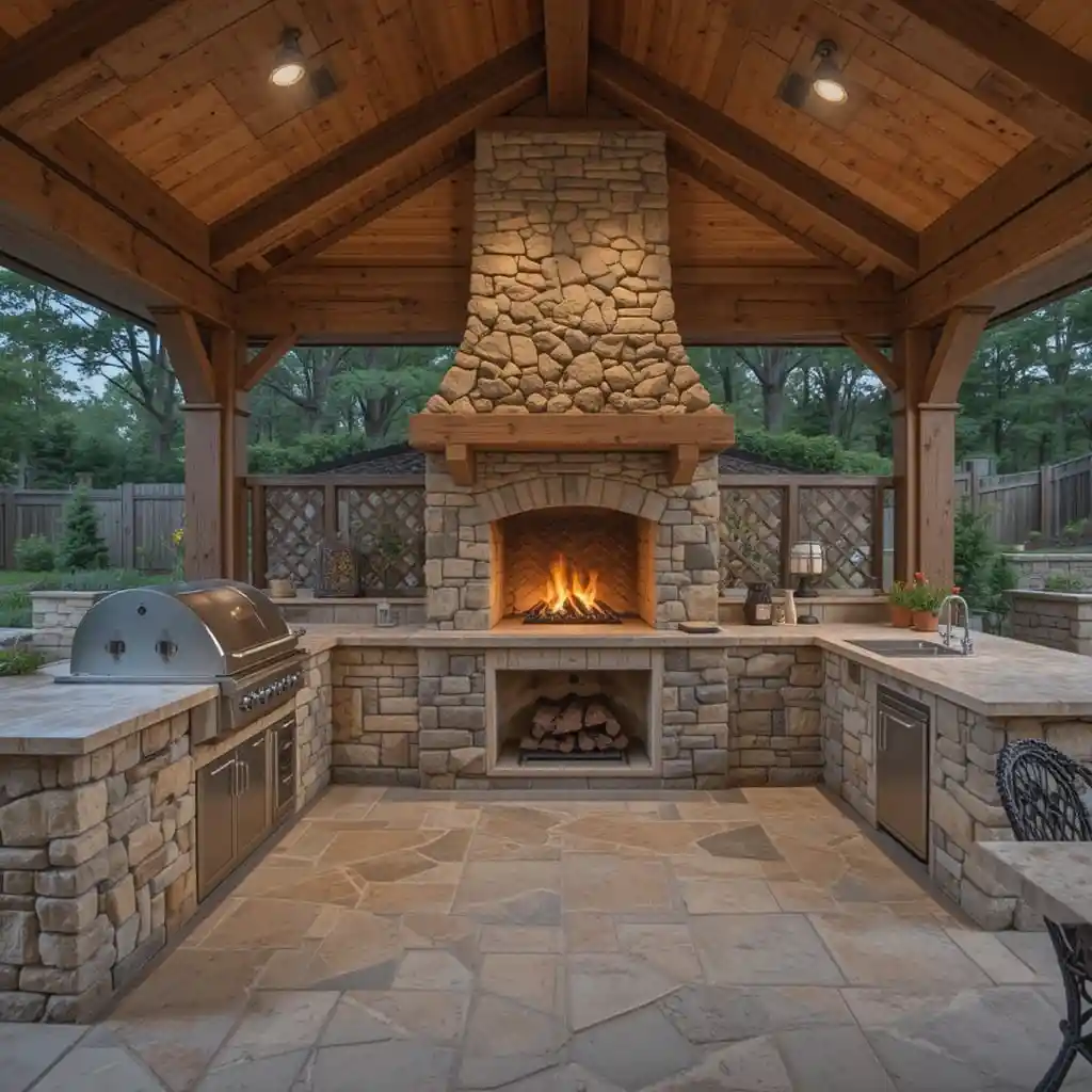 Outdoor Kitchen with a Fireplace