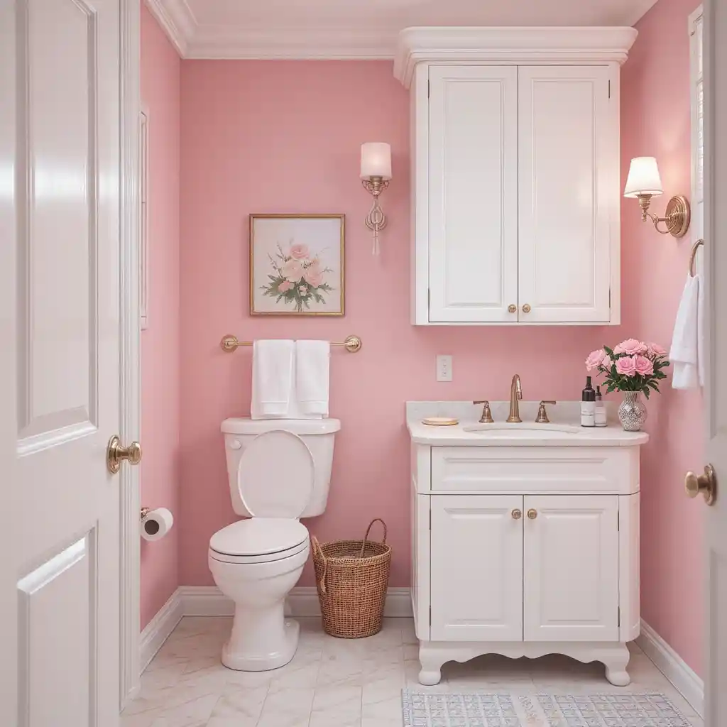 Pastel Pink Walls with White Cabinets