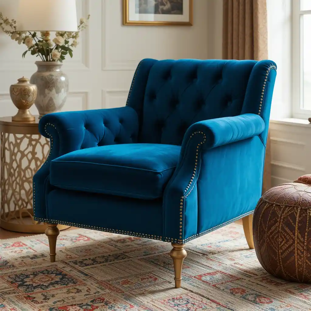 Peacock Blue Velvet Armchair with Brass Details