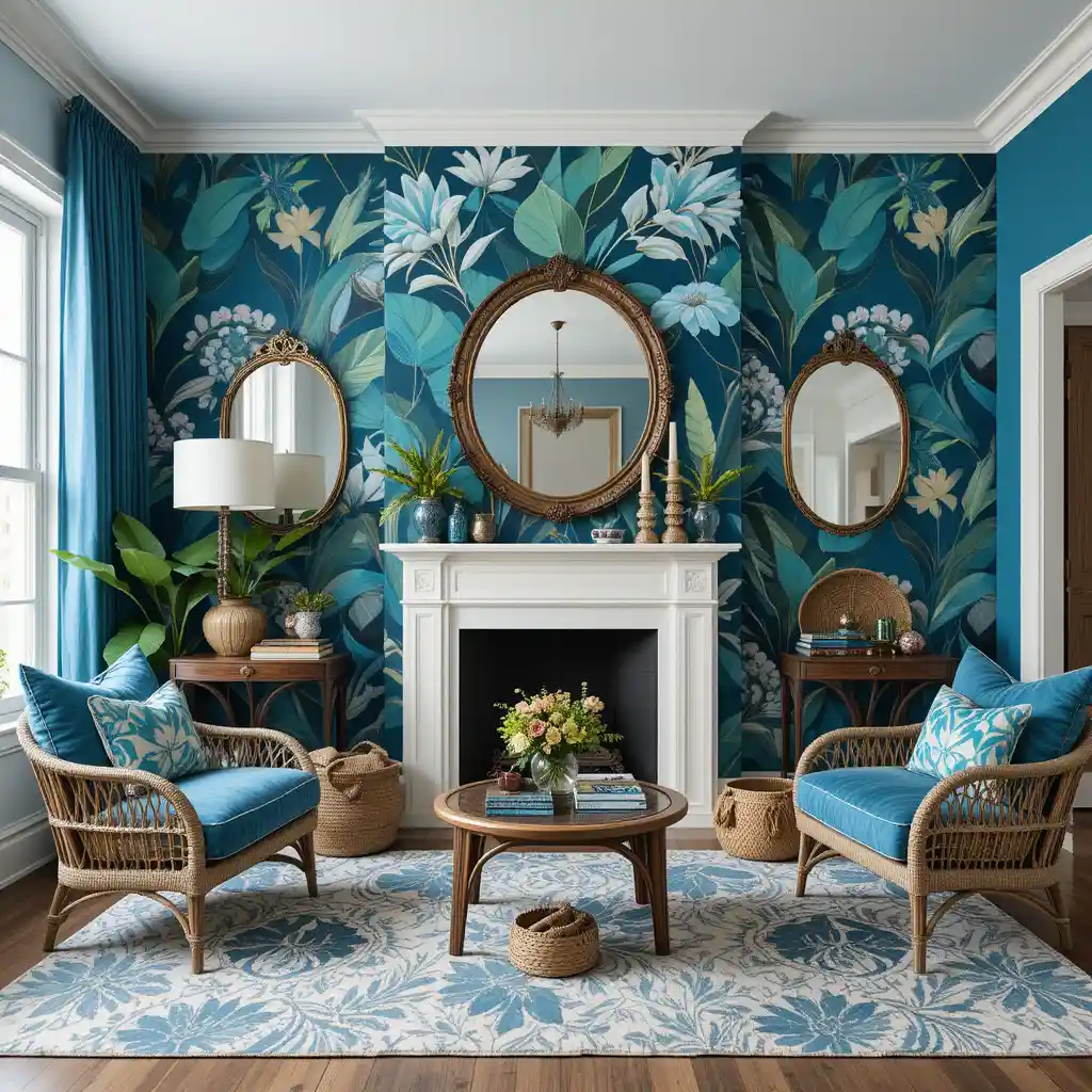 Peacock Blue Wallpaper with Botanical Prints