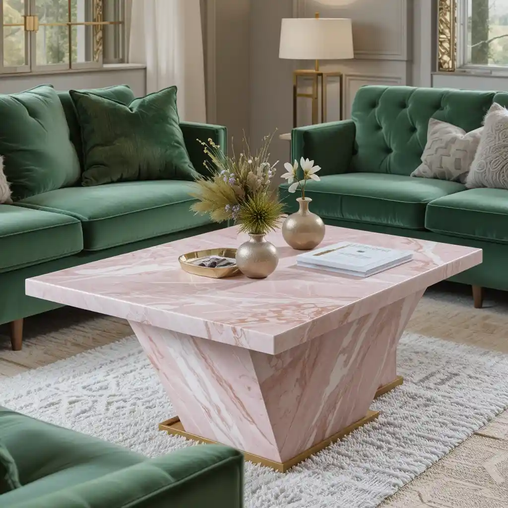 Pink Marble Coffee Table with Green Seating