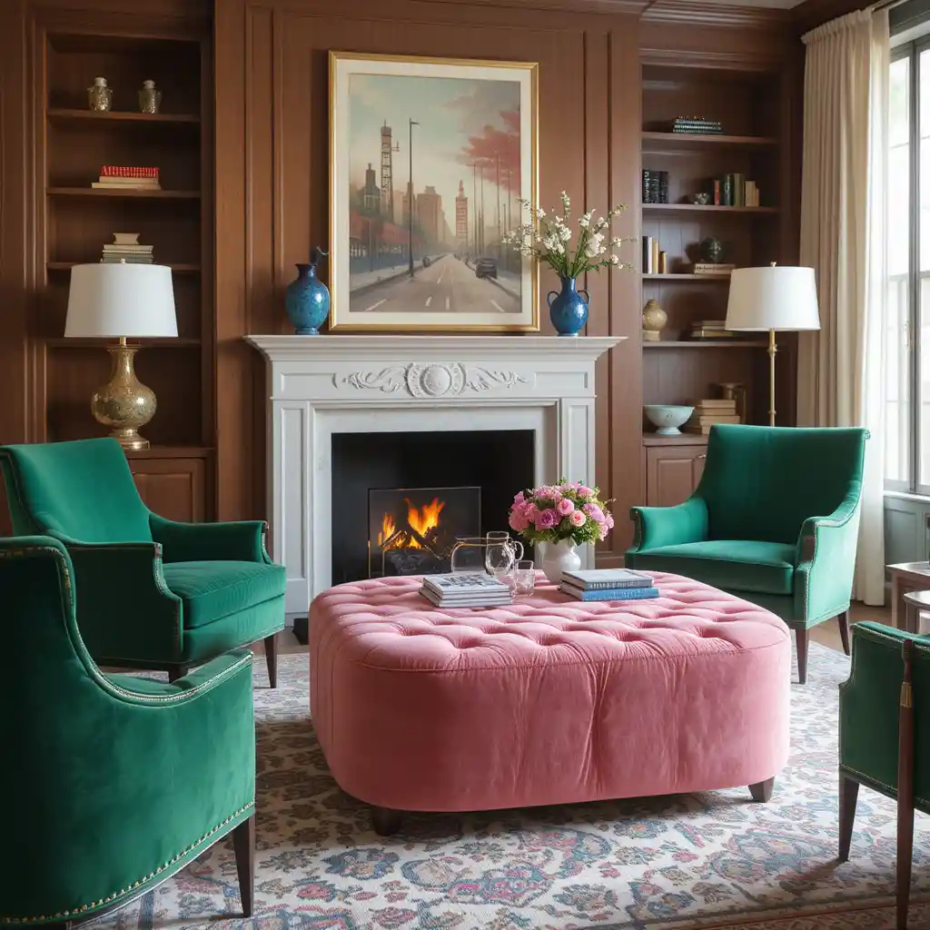 Pink Velvet Ottoman with Green Accent Chairs
