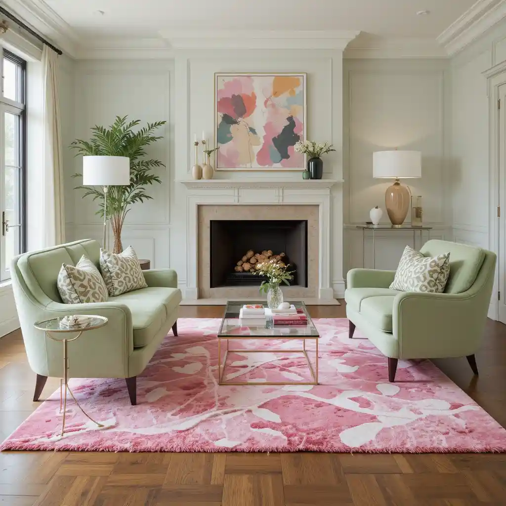Pistachio Green Armchairs with Pink Abstract Rug
