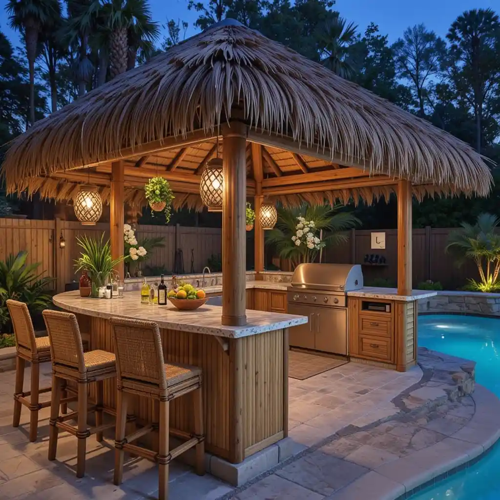 Poolside Tiki Bar with Built-in BBQ