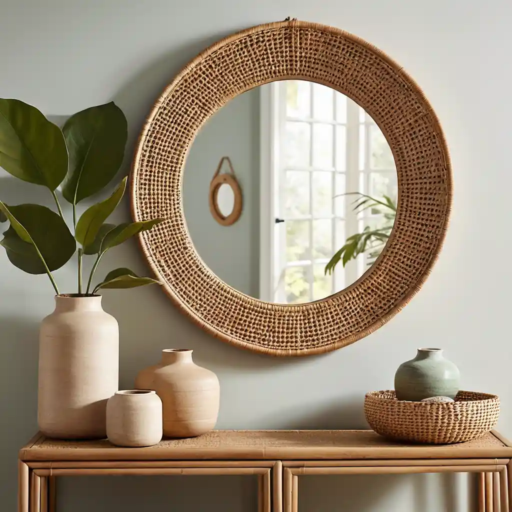 Rattan-Framed Mirror for Organic Warmth