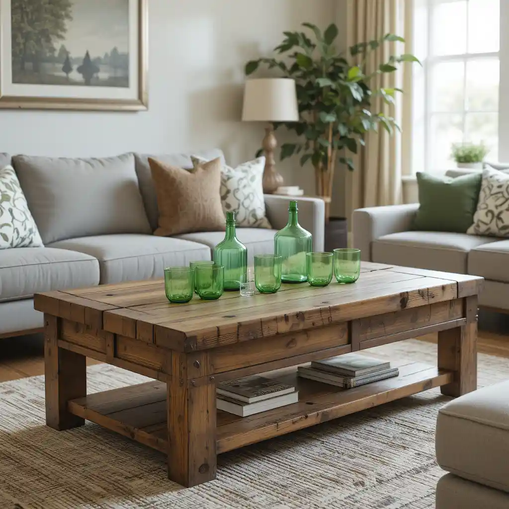 Reclaimed Wood Coffee Table with Green Glassware