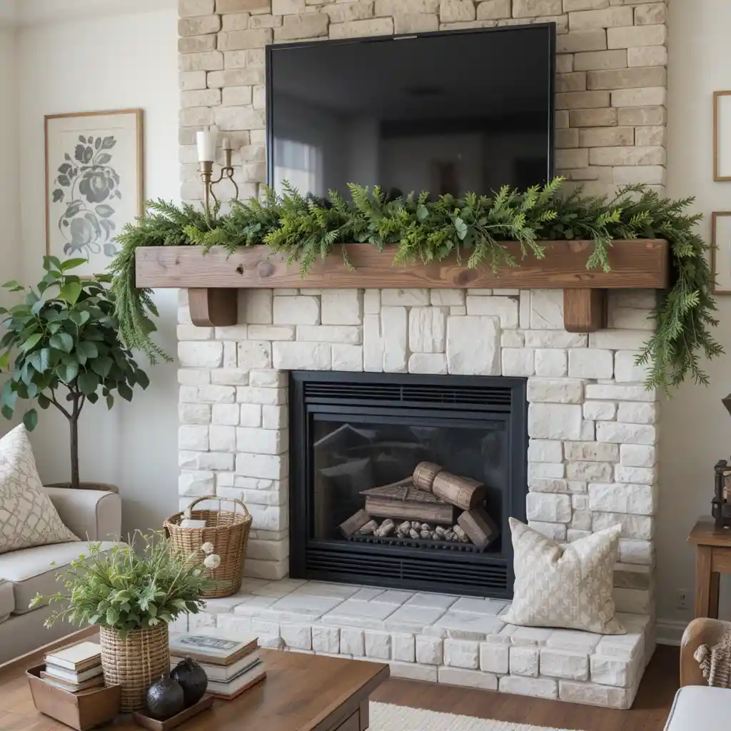 Reclaimed Wood Mantel with Greenery Garland