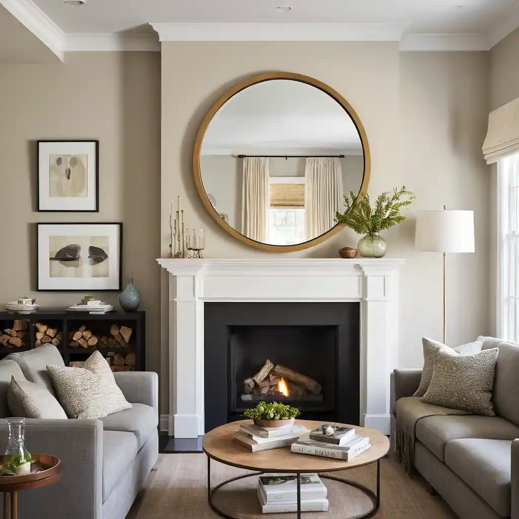 Round Mirror Above the Fireplace for Balance