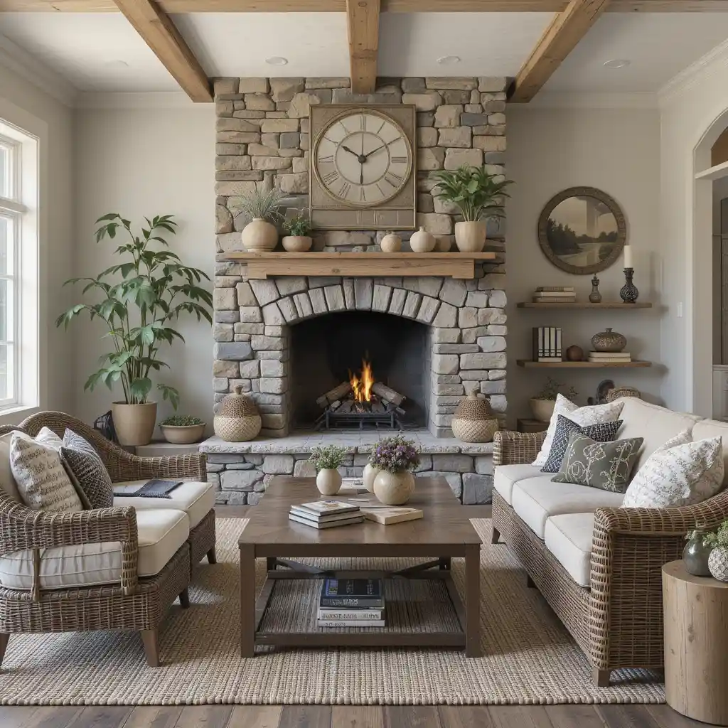 Rustic Stone Fireplace with Compact Seating