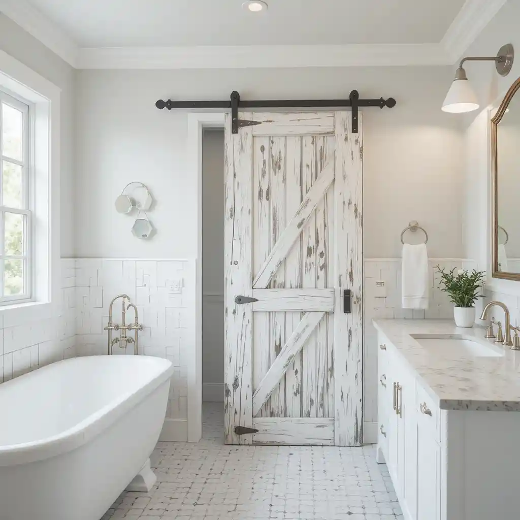 Rustic White Bathroom with Barn Door