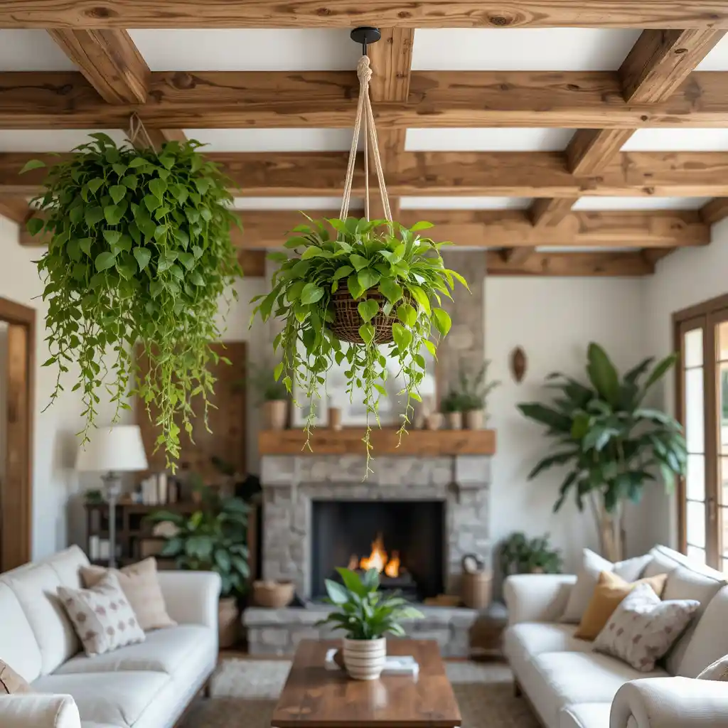 Rustic Wooden Ceiling Beams with Green Hanging Plants