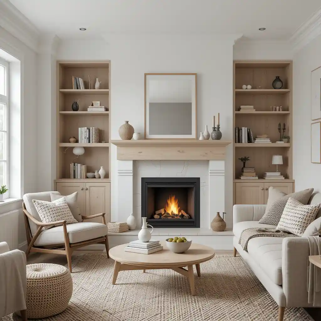 Scandinavian-Style Fireplace with Light Wood Accents