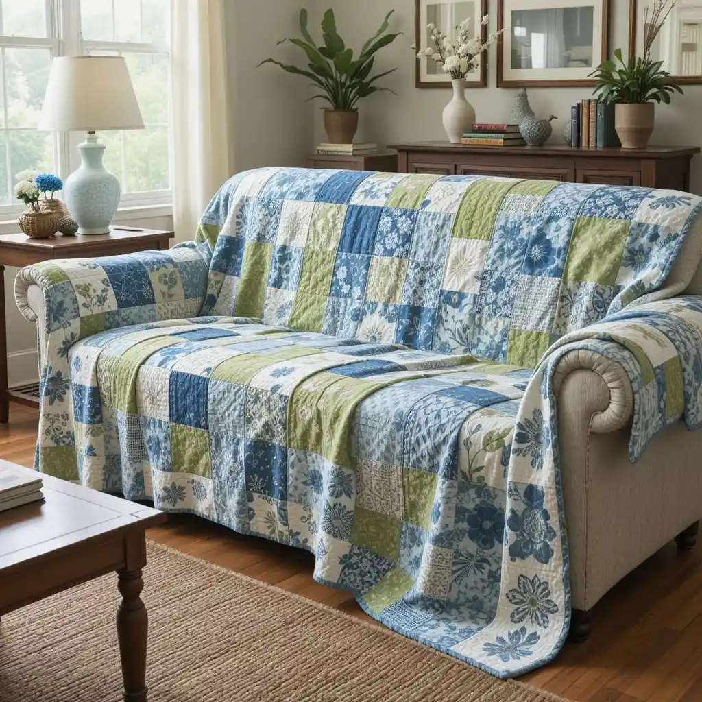 Shabby Chic Blue and Green Patchwork Quilt as a Couch Cover