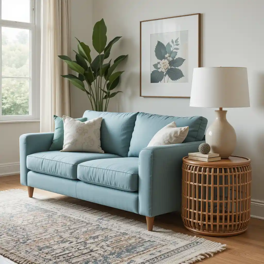 Soft Teal Linen Sofa with a Woven Rattan Side Table