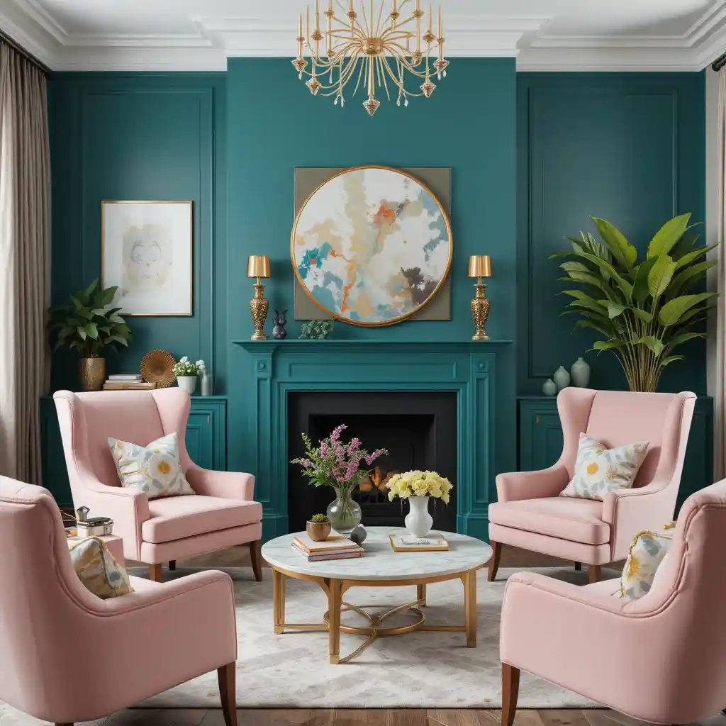 Teal Green Accent Wall with Blush Pink Chairs
