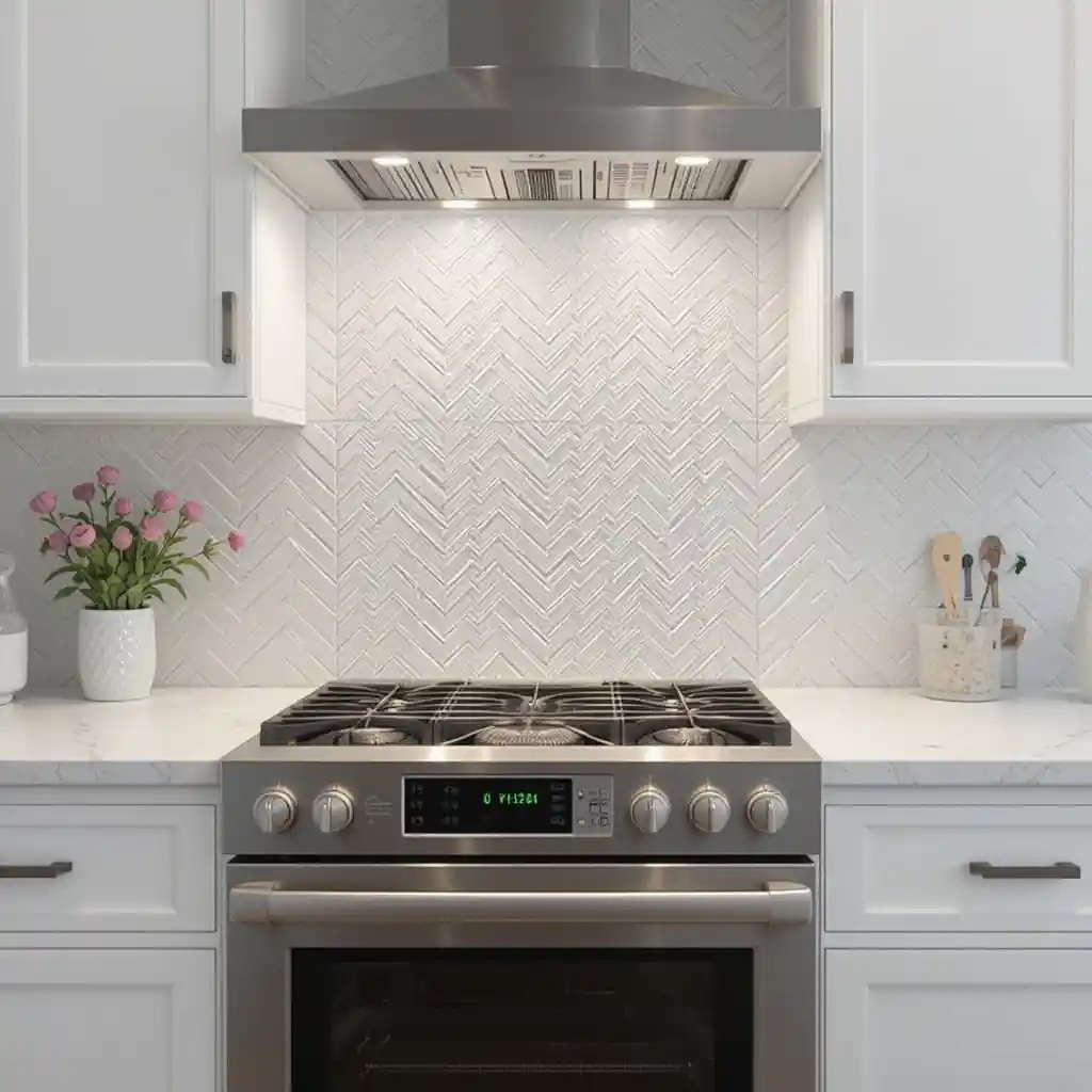 Textured White Subway Tiles with Chevron Pattern