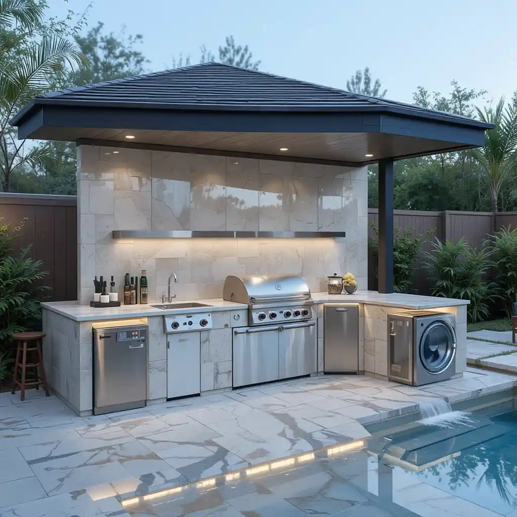 Tiled Outdoor Kitchen with Waterfall Edge Countertop