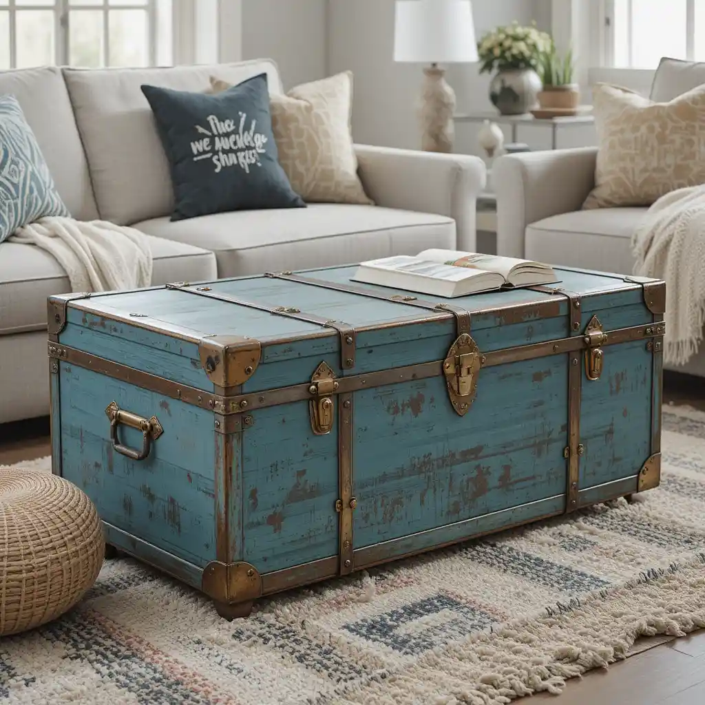 Vintage Trunk Coffee Table with Blue Patina
