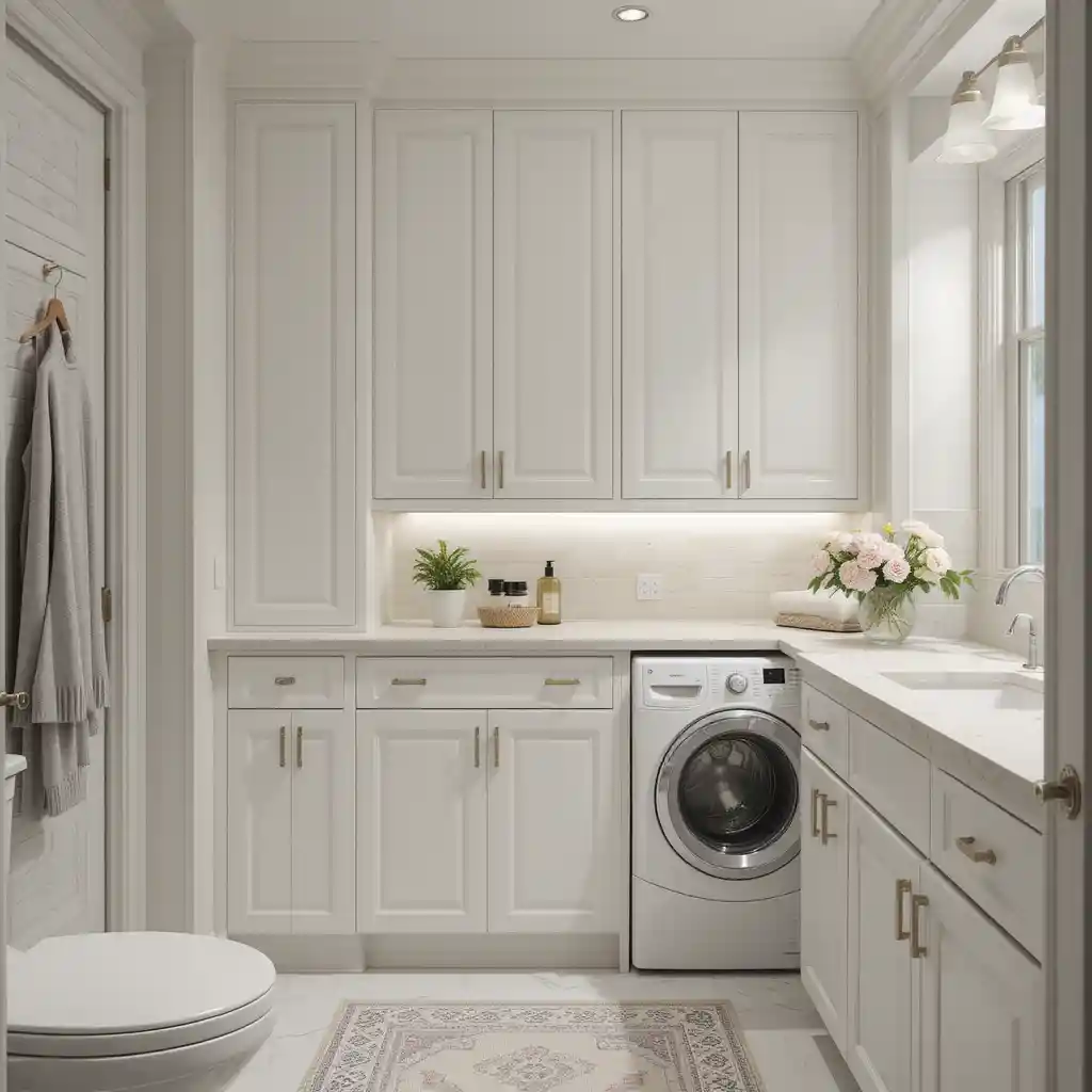 White Bathroom with Hidden Laundry Area