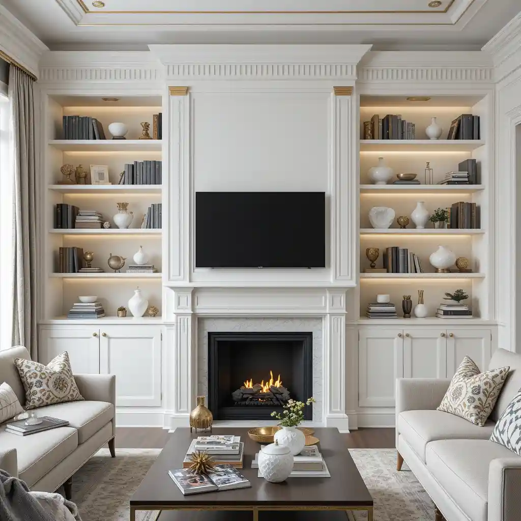 White Bookcases with Gold Accents