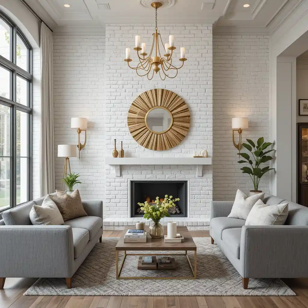 White Brick Accent Wall with Gold Decor