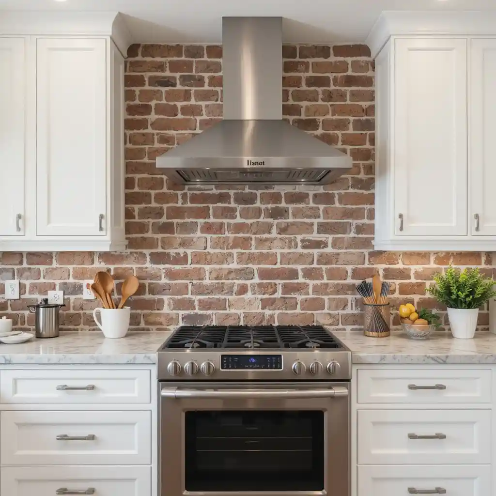 White Cabinets with Brick Backsplash