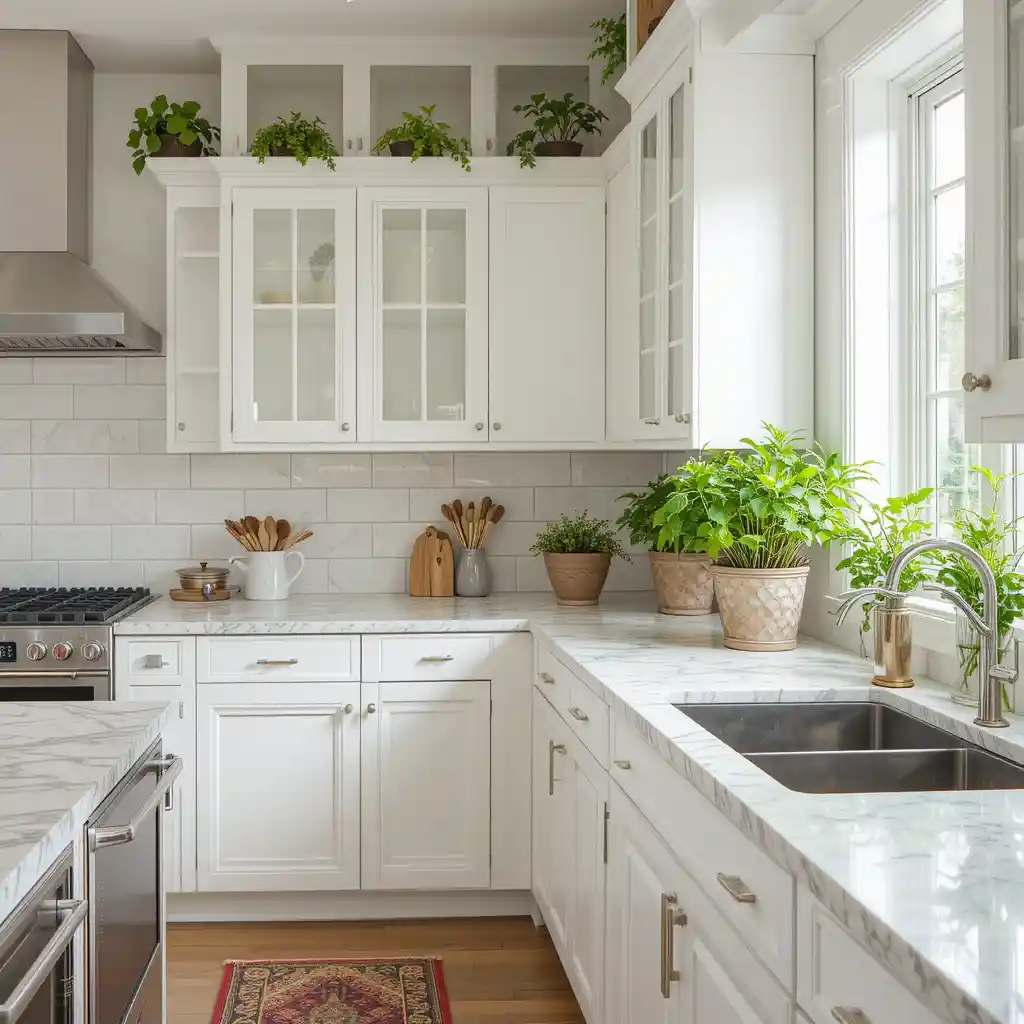 White Cabinets with Bright Greenery