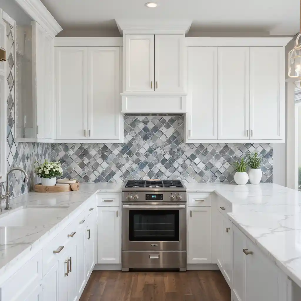 White Cabinets with Geometric Tiles