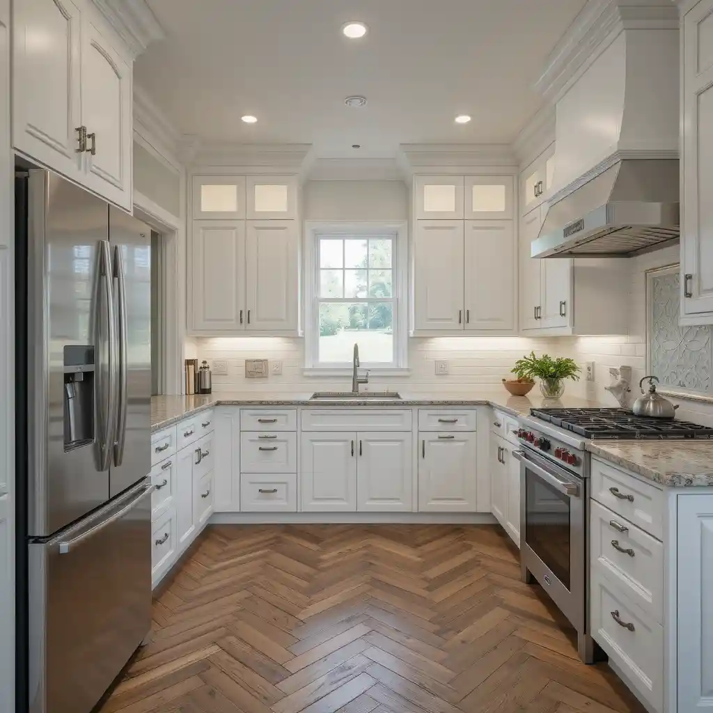 White Cabinets with Herringbone Flooring