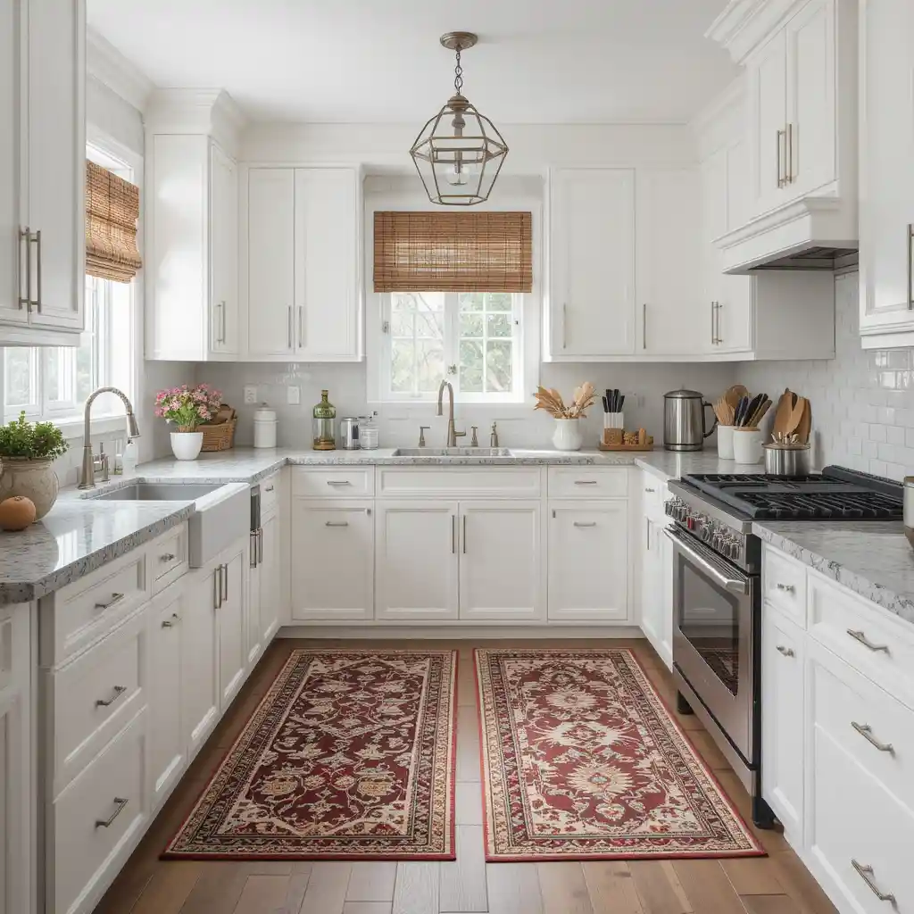 White Cabinets with Patterned Rugs