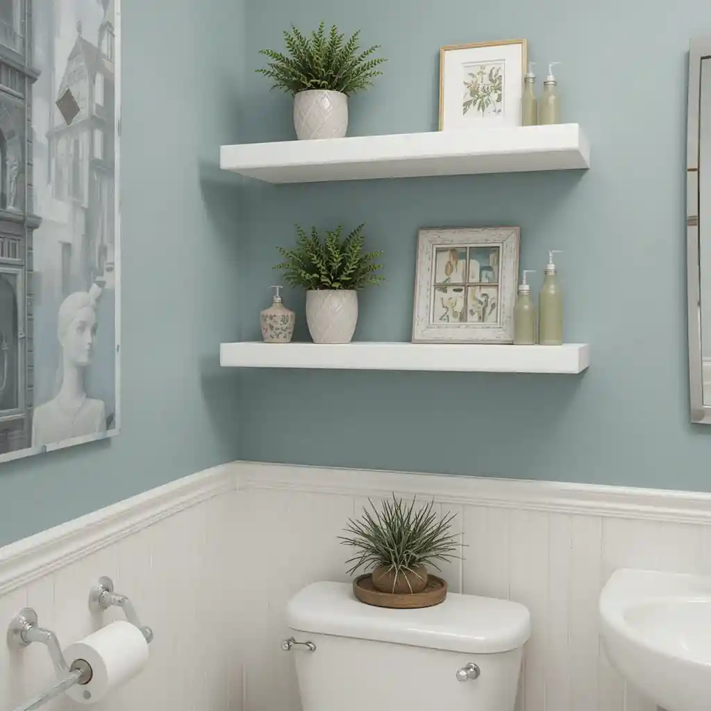 White Floating Shelves Above the Toilet