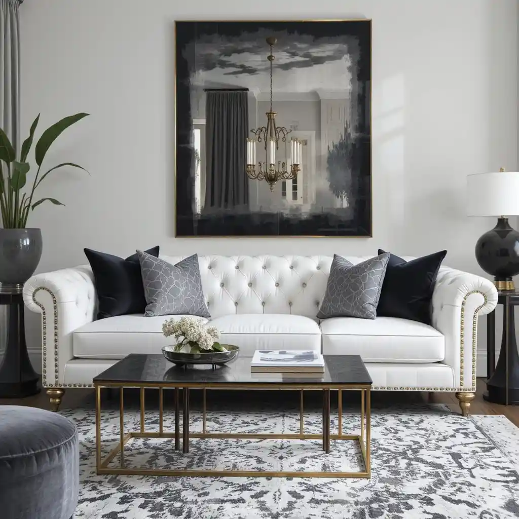White Sofas with Gold Trim and Dark Accents