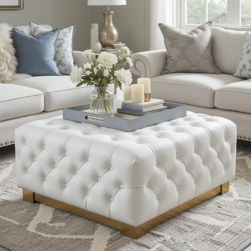White Tufted Ottoman with Gold Base